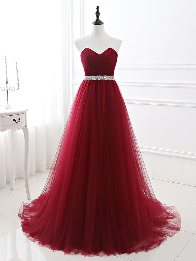 Luolandi A-Line Elegant Quinceanera Prom Valentine's Day Dress Strapless Sleeveless Chapel Train Satin